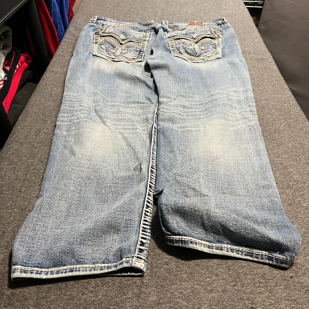 Rock Revival Tendril Relaxed Taper Jeans Mens 42x32 Light Wash Embroidered Denim